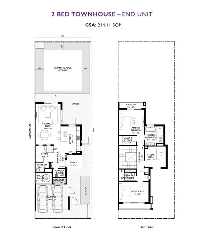 The Orchids at Yas Acres — 2 Bed Townhouse · End Unit floor plan